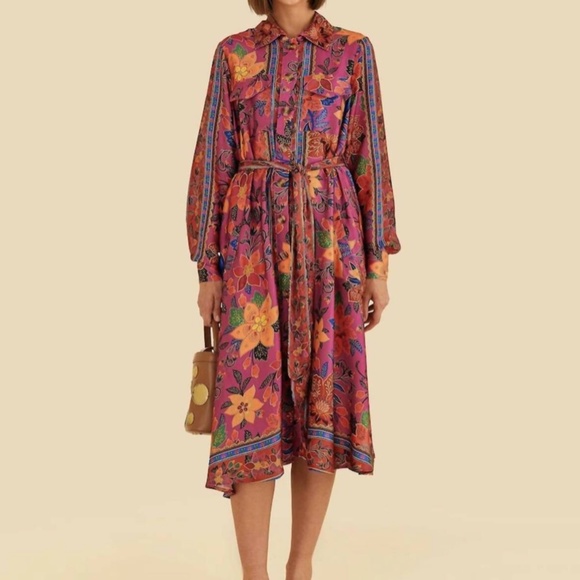 Farm Rio Tropical Tapestry Pink Long Sleeve Chemise Midi Dress - Picture 5 of 5